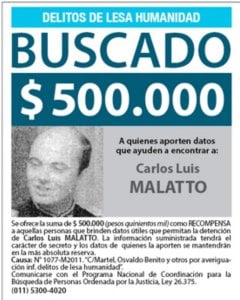 Cartel de 'Buscado' del teniente coronel Malatto, hoy residente en Italia, en Argentina.